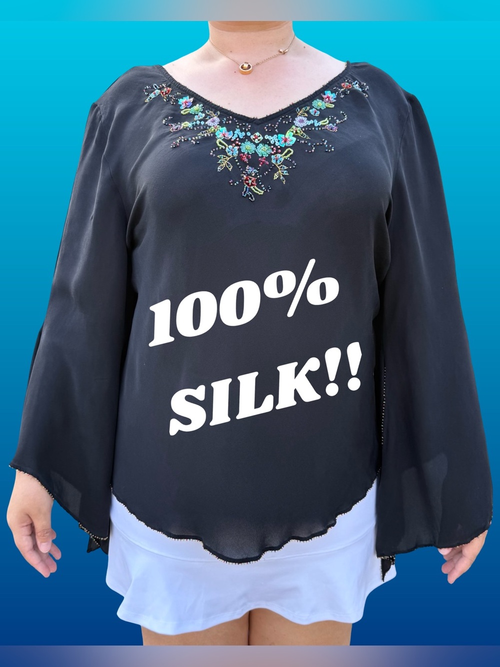 ECI New York 100% Silk Beaded Blouse - Black Sheer Fairycore Bell Sleeve Top
